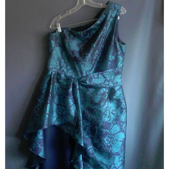 Kay Unger One Shoulder Navy Aqua Floral Walk Thru Jumpsuit Dress 14 - Picture 5 of 12